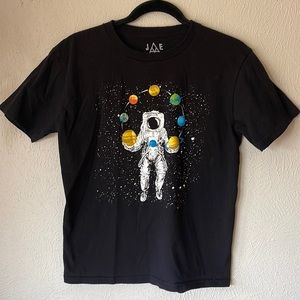 JME youth large black t-shirt with astronaut and planets.